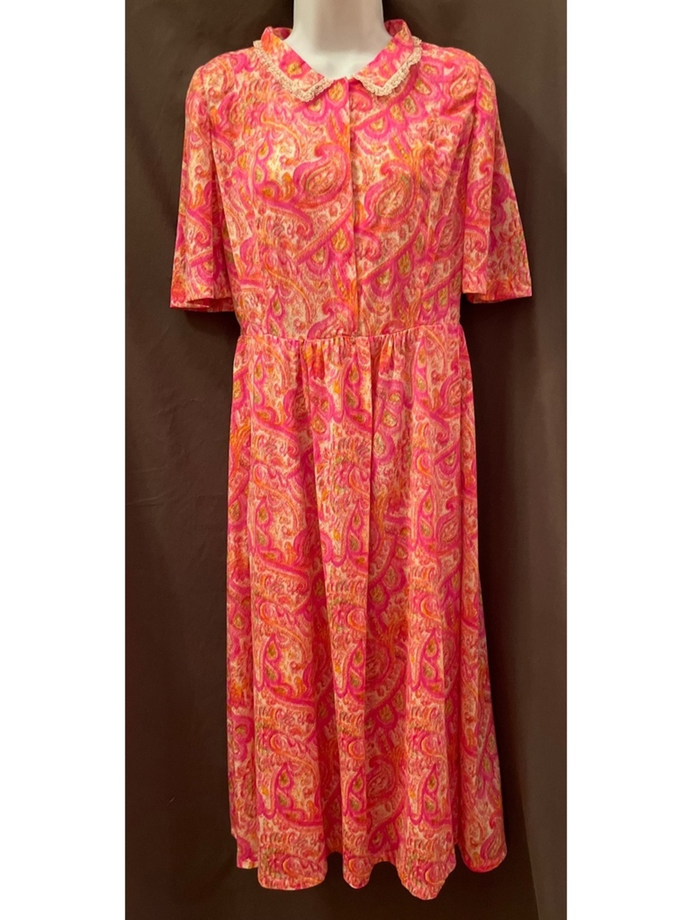 VTG 60s Handmade Hot Pink Psychedelic Watercolor Hippie Babydoll Dress M/L